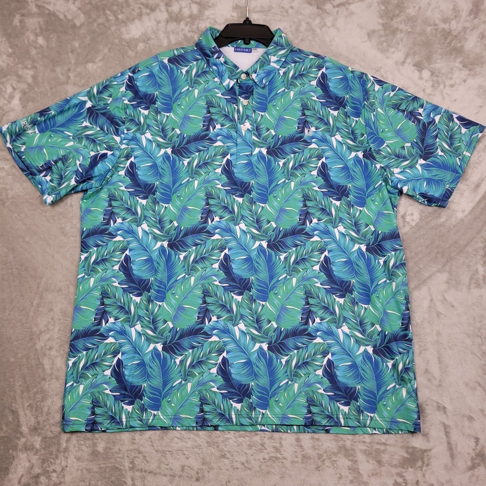 HRESKI Mens 2XL Colorful Floral Tropical Blue Green Performance Golf Polo Casual
